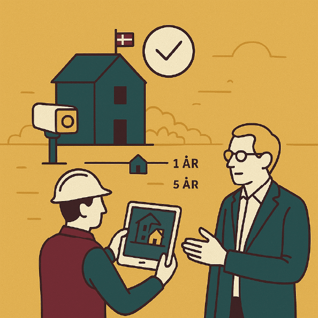 Aflevering og eftersyn – “Dokumentér resultatet”<br />En færdig bygning med grønne omgivelser. Bygherrerådgiveren står med tablet og viser en VisuDoc-afleveringsrapport til bygherren. Over bygningen ses en checkmark og en lille tidslinje med tre markeringer: “Aflevering”, “1 år”, “5 år”.