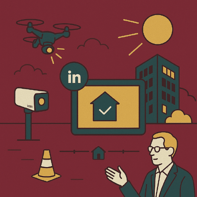 Kommunikation og branding – “Del projektets udvikling”<br />Drone i luften, kamera på mast og skærm med sociale medieikoner (LinkedIn, web, play-symbol). I baggrunden står et moderne byggeri i solskin - bygherren er glad - bygherrerådgiveren har gjort et godt stykke arbejde.