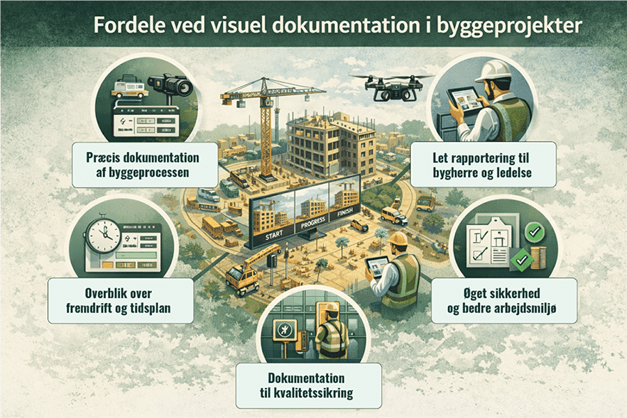 Infografik som visar fördelarna med visuell dokumentation på byggarbetsplatsen, såsom kvalitetssäkring, säkerhet och ekonomisk översikt
